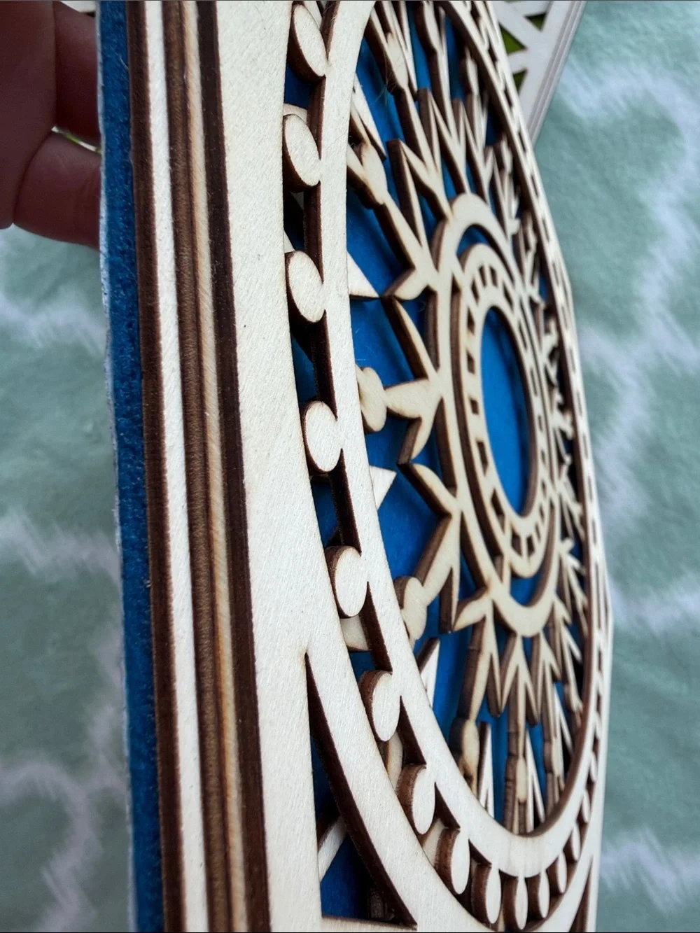 2 pieces Hexagon Laser-Cut Wood Wall Plaques with Blue and Green acoustic Inlays